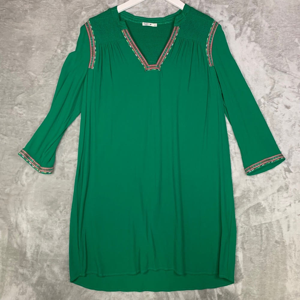 Orfeo Paris Suzie Shift Dress S/M Green 3/4 Sleeve Embroidered Smocked Relaxed